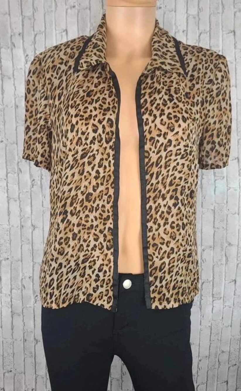 Vintage Dressbarn Sz 6 S/M Animal Print Blouse Over Shirt Shoulder Pads Sheer